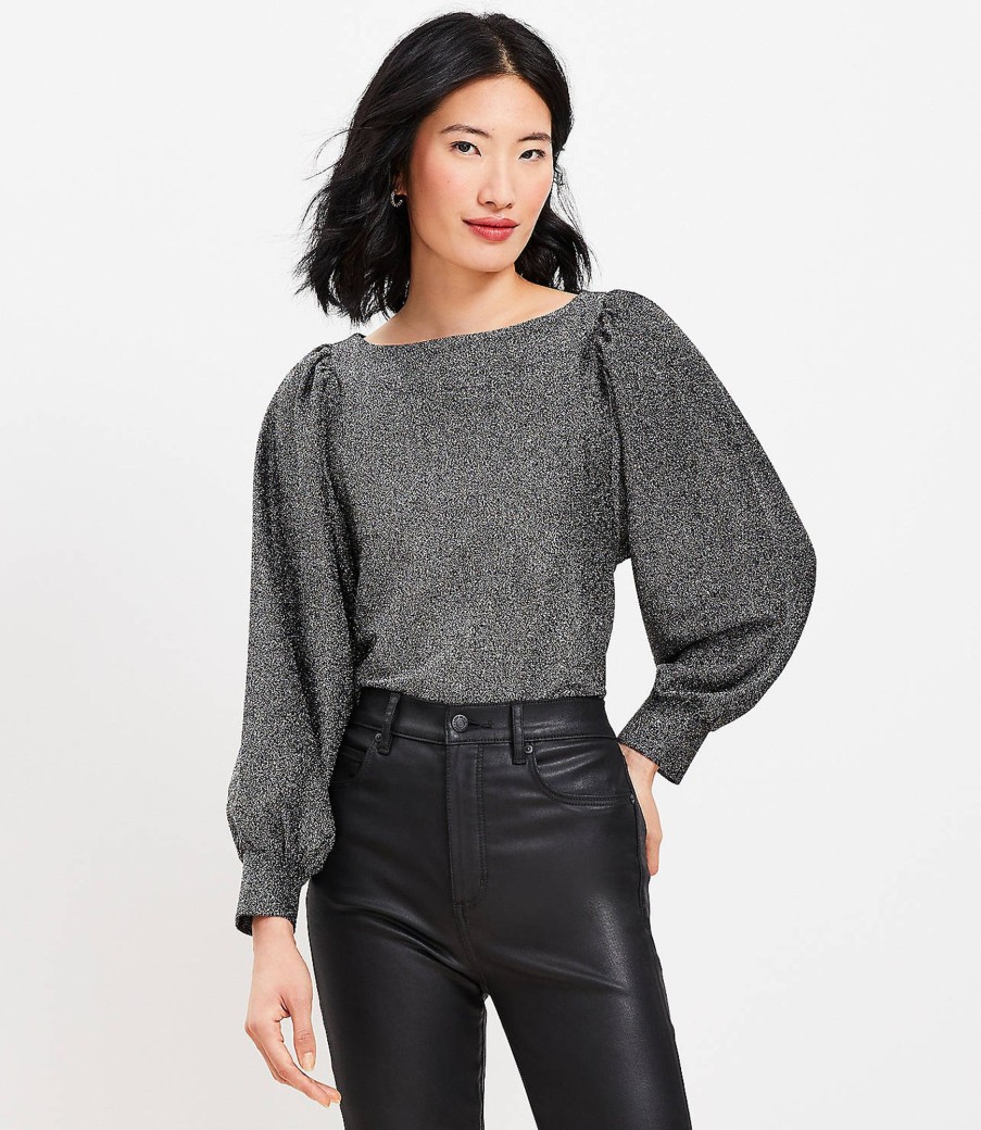 Clothing Loft | Metallic Draped Sleeve Boatneck Top Black / Silver