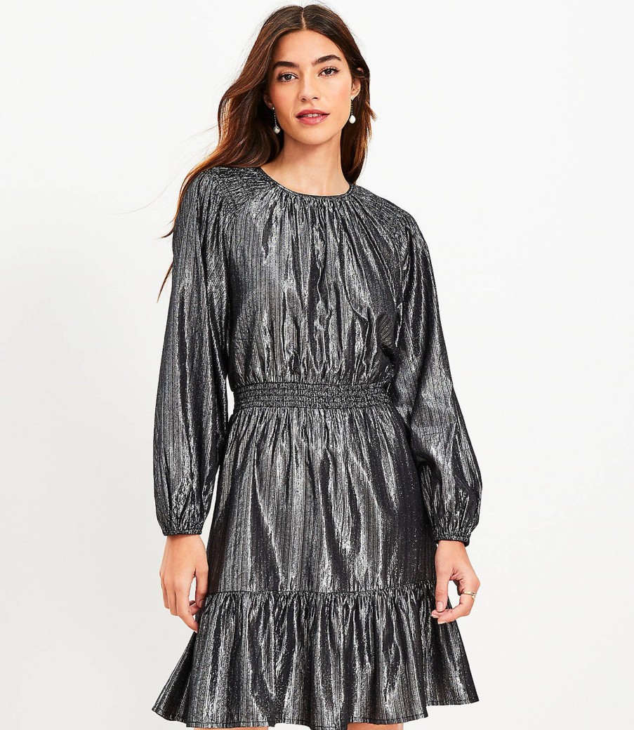 Clothing Loft | Shimmer Smocked Flounce Flare Dress Black / Silver Metallic