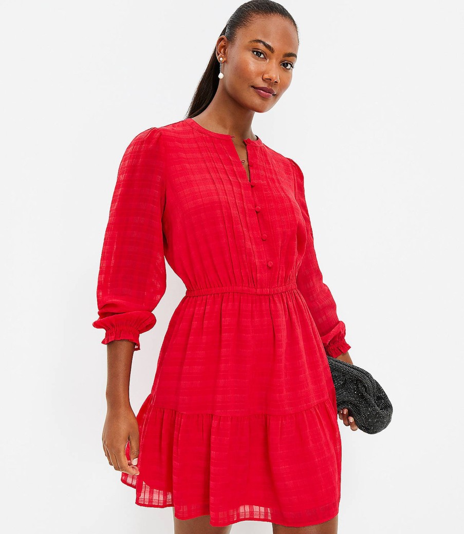 Clothing Loft | Plaid Pintucked Tiered Flare Dress Tango Red