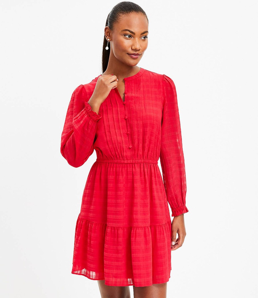 Clothing Loft | Plaid Pintucked Tiered Flare Dress Tango Red