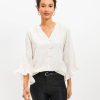 Clothing Loft | Clip V-Neck Ruffle Cuff Blouse Whisper White