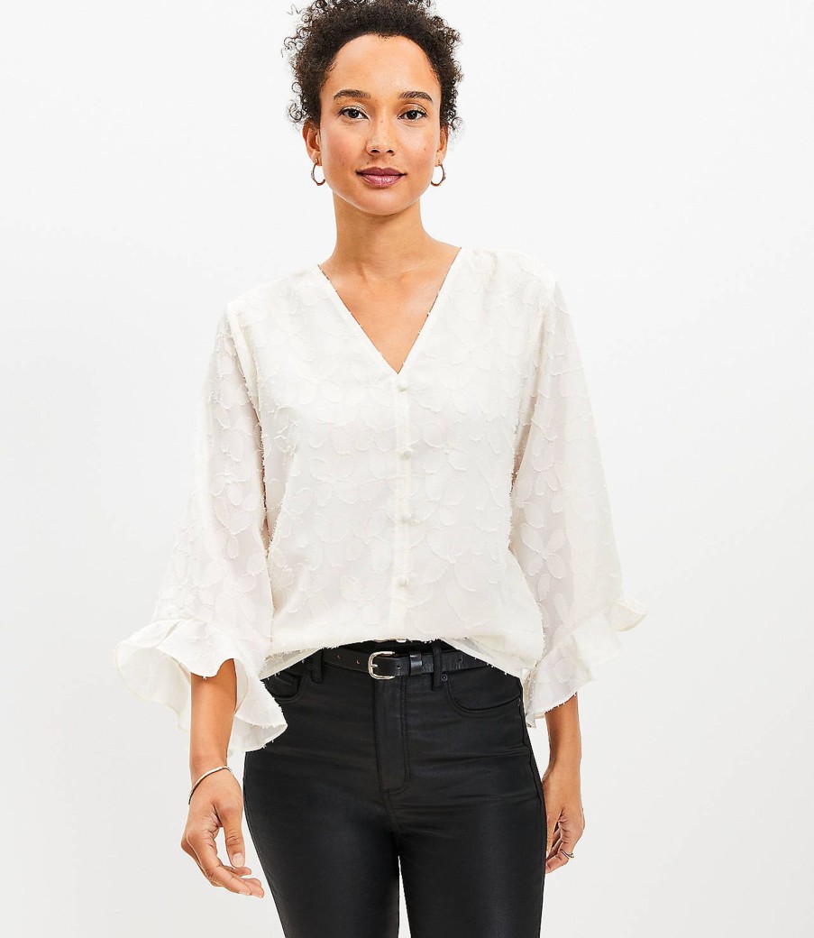 Clothing Loft | Clip V-Neck Ruffle Cuff Blouse Whisper White