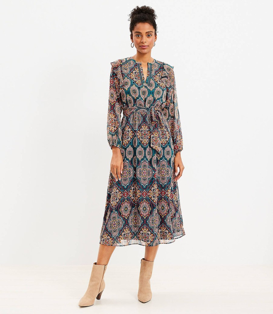 Clothing Loft | Tapestry Ruffle V-Neck Midi Dress Teal Shadow