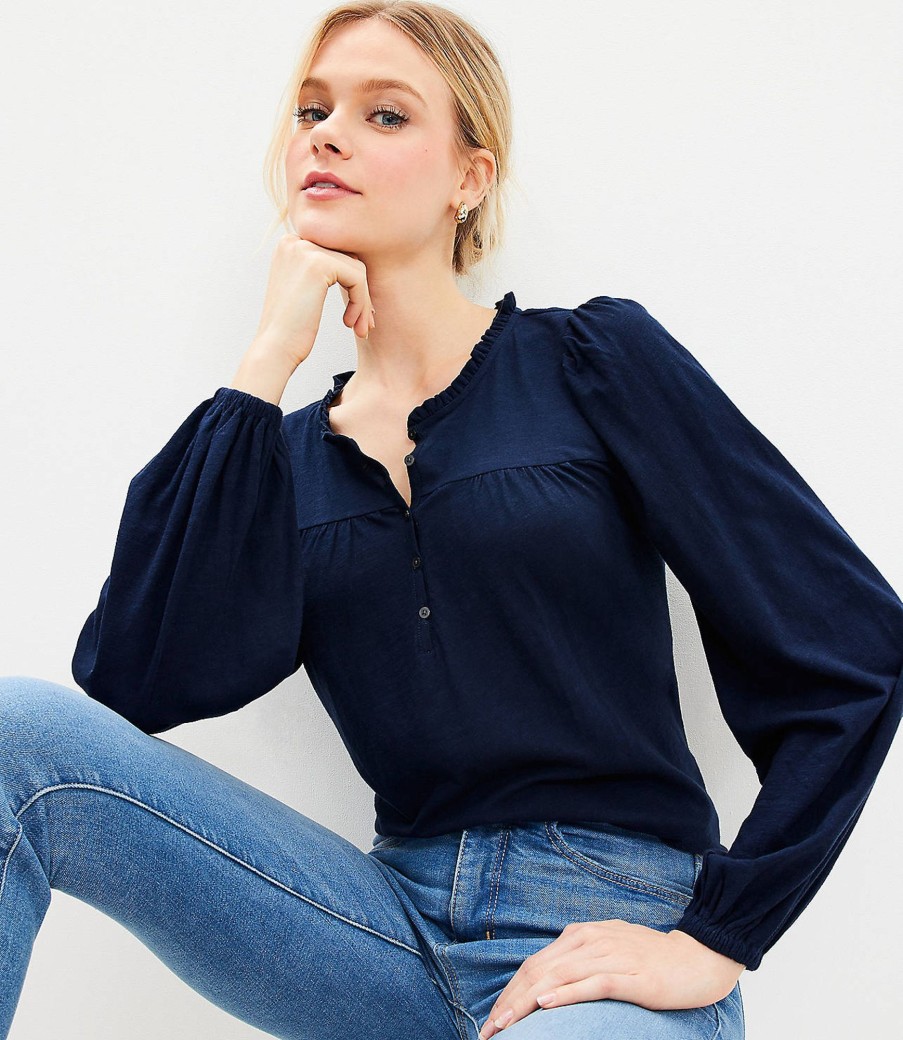 Clothing Loft | Ruffle Collar Shirred Blouse Deep Space Blue