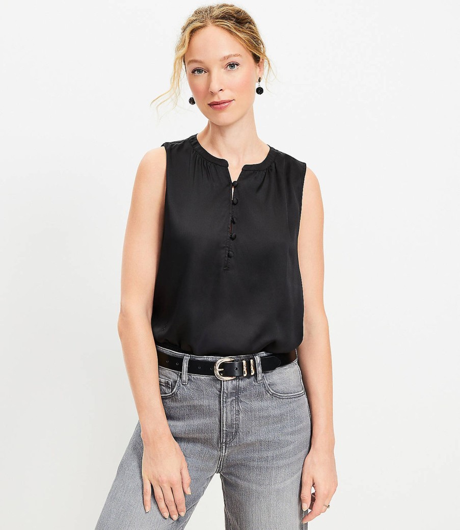 Clothing Loft | Satin Button Bubble Hem Shell Black