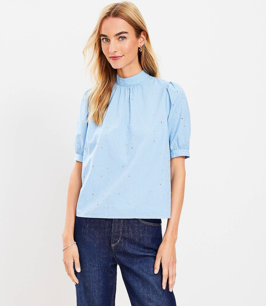 Clothing Loft | Crystal Stripe Mock Neck Top Rhine Blue