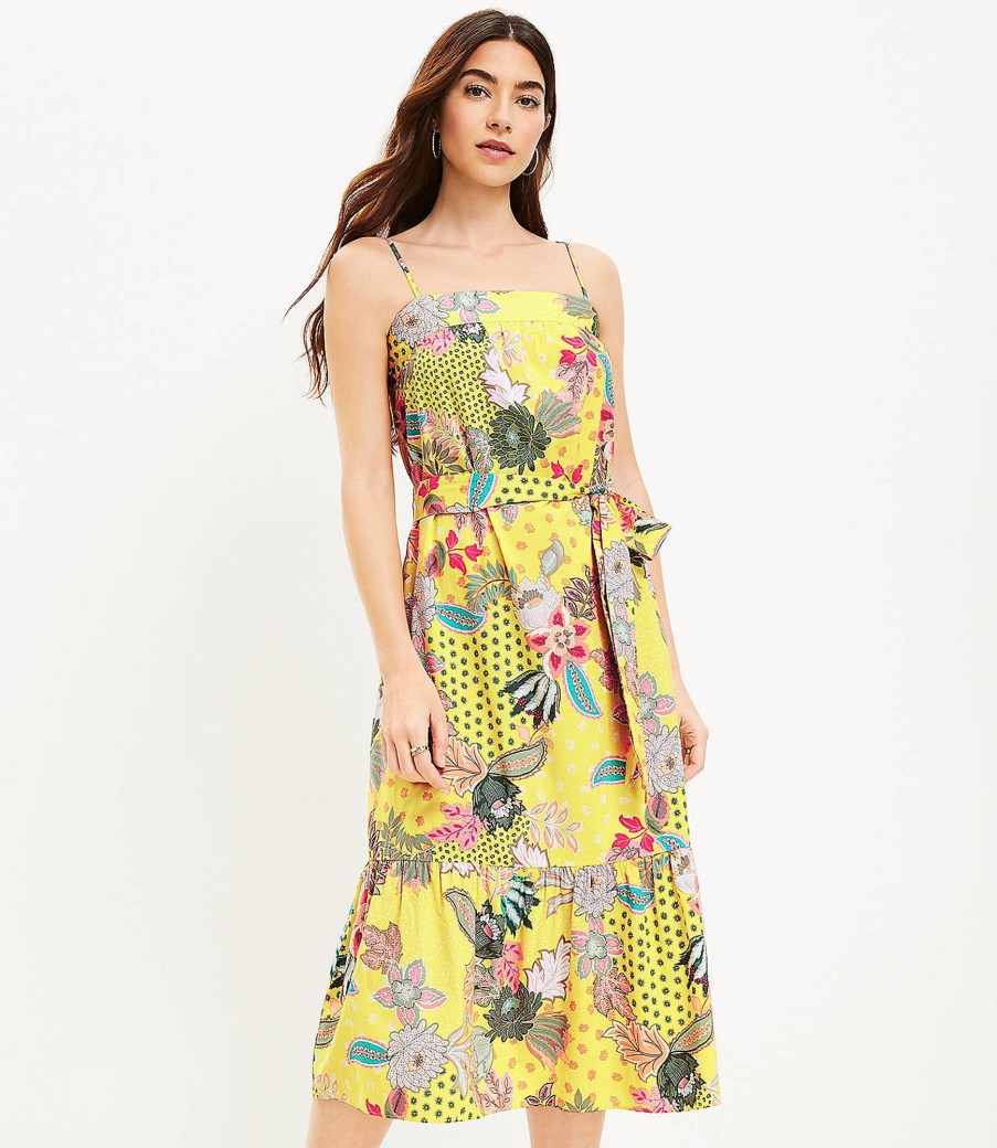 Clothing Loft | Floral Strappy Flounce Midi Dress Green Sheen