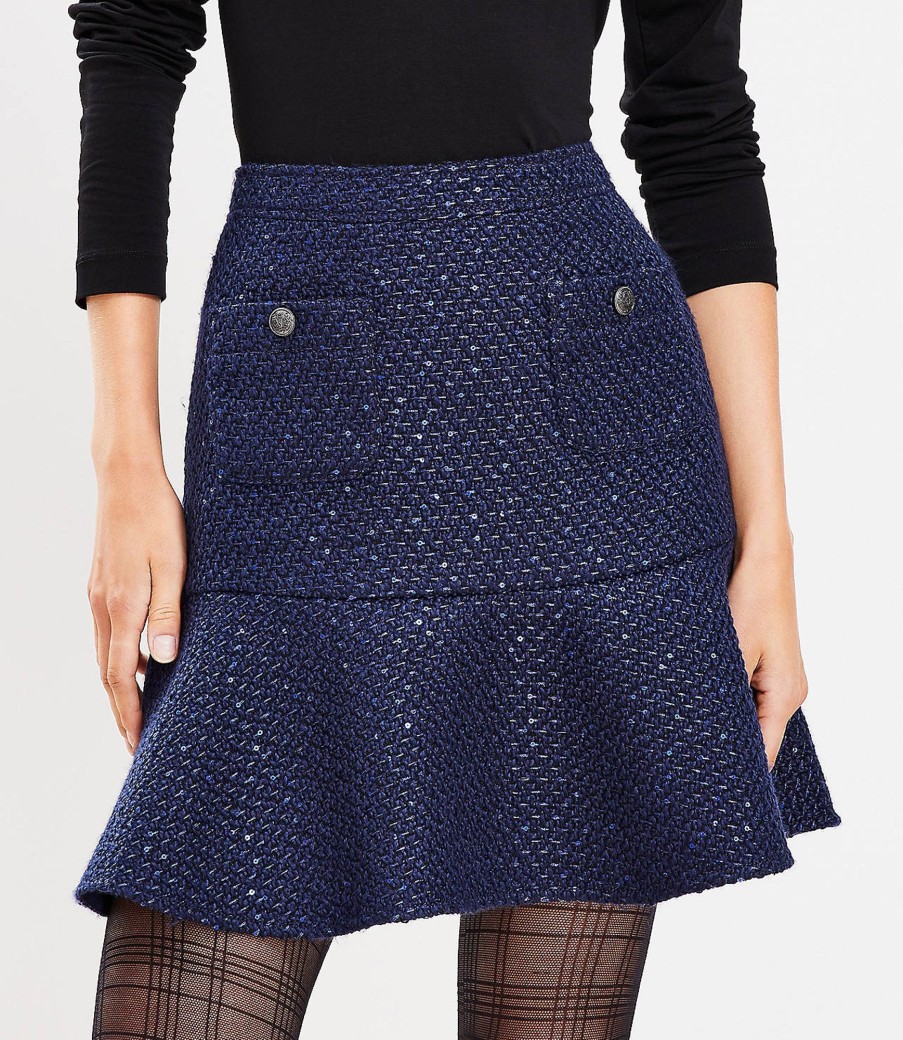 Clothing Loft | Sequin Tweed Button Pocket Flounce Skirt Midnight Multi