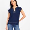 Clothing Loft | Stitched Flutter Sleeve Split Neck Top Deep Space Blue