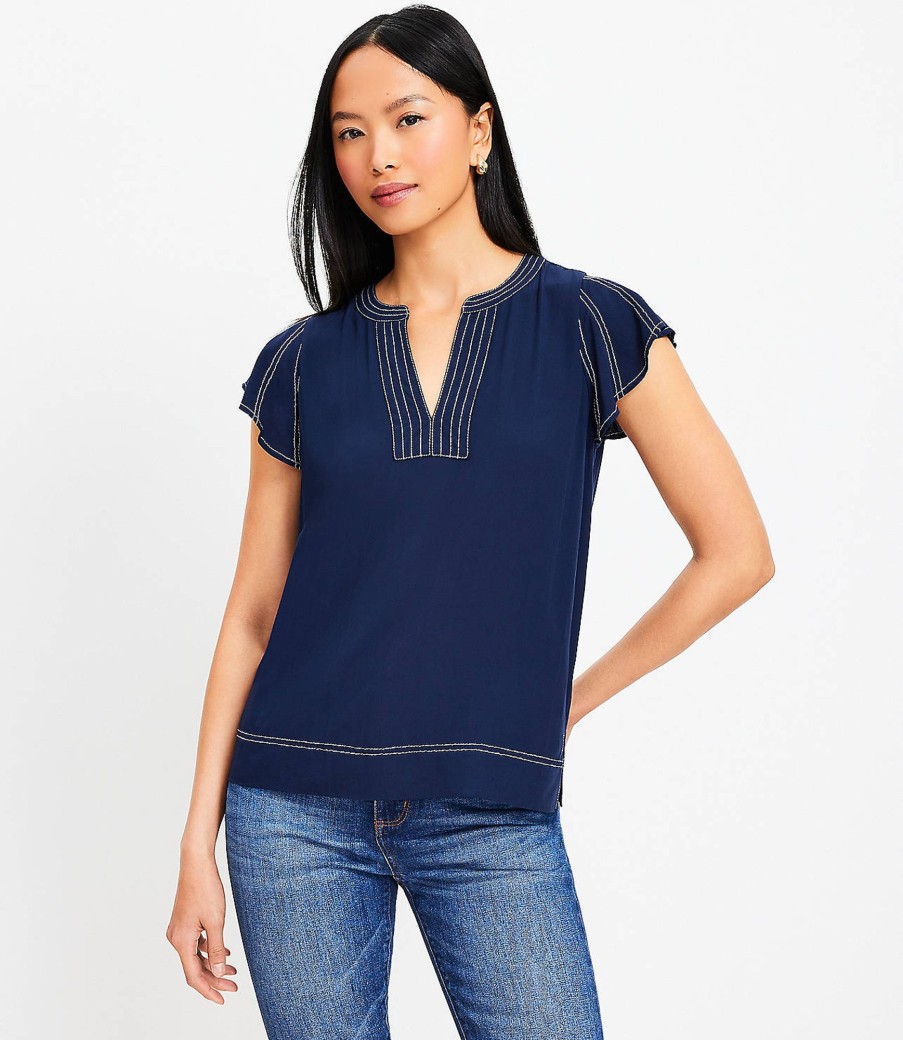 Clothing Loft | Stitched Flutter Sleeve Split Neck Top Deep Space Blue