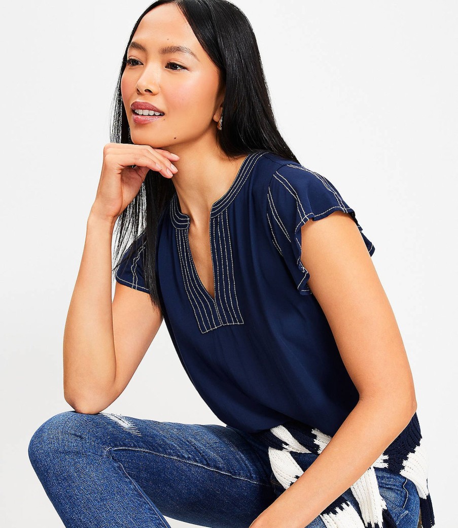 Clothing Loft | Stitched Flutter Sleeve Split Neck Top Deep Space Blue