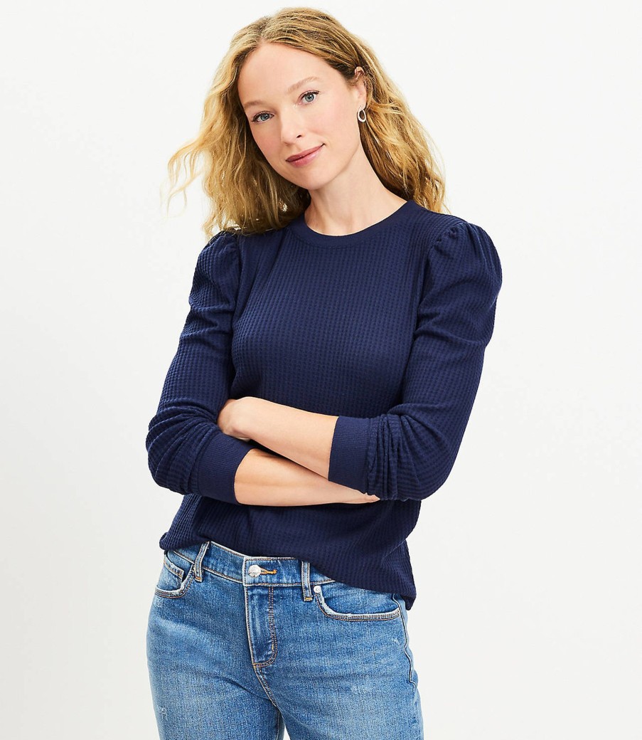 Clothing Loft | Brushed Waffle Puff Sleeve Top Deep Space Blue