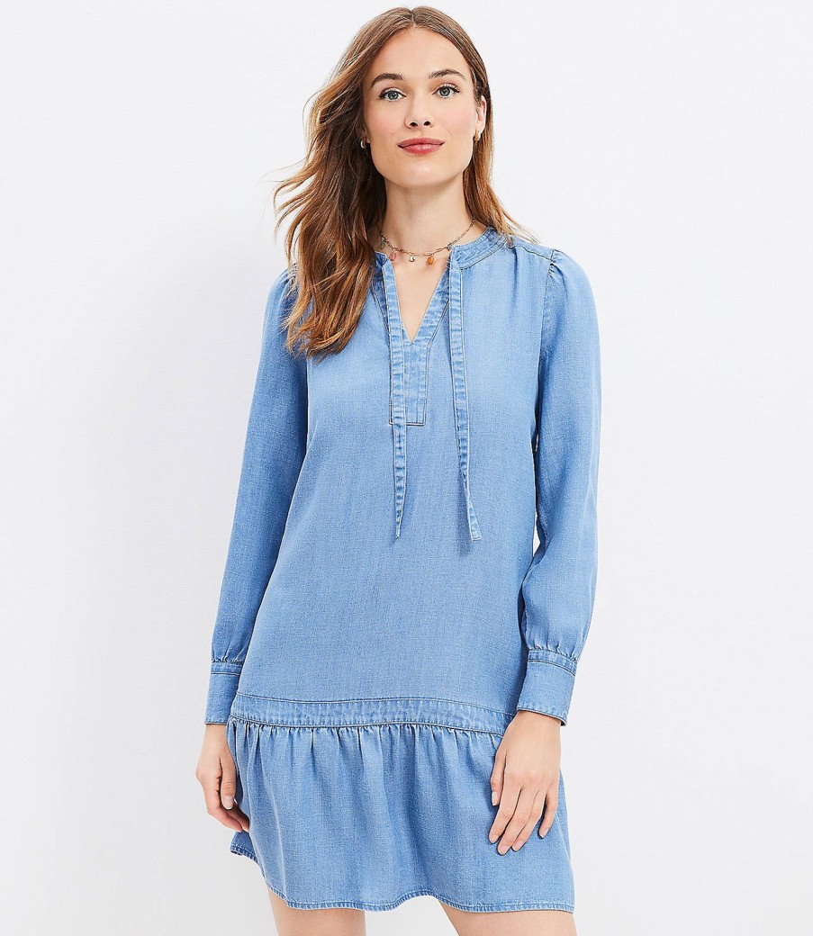 Clothing Loft | Chambray Tie Neck Flounce Swing Dress Mezzo Blue Wash