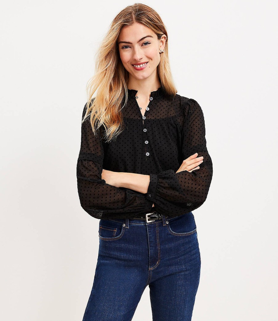 Clothing Loft | Flocked Dot Ruffle Neck Blouse Black