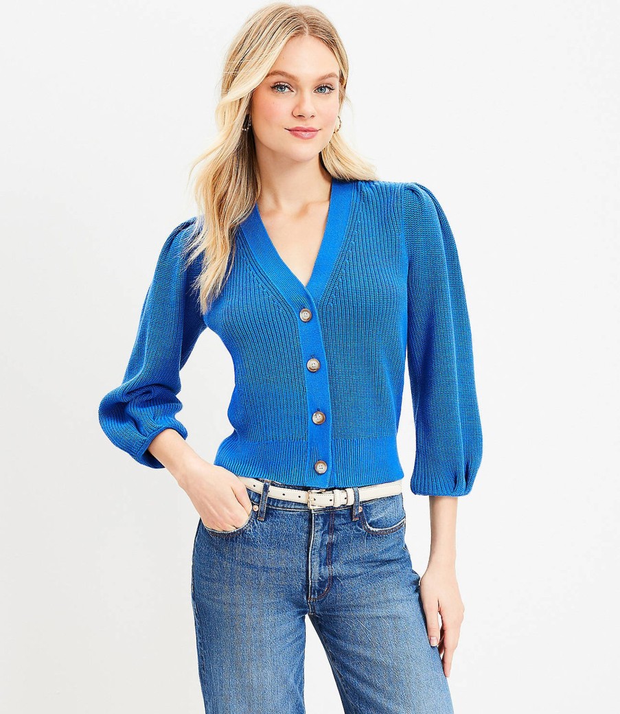 Clothing Loft | Ribbed Pleated Shoulder V-Neck Cardigan Anika Blue