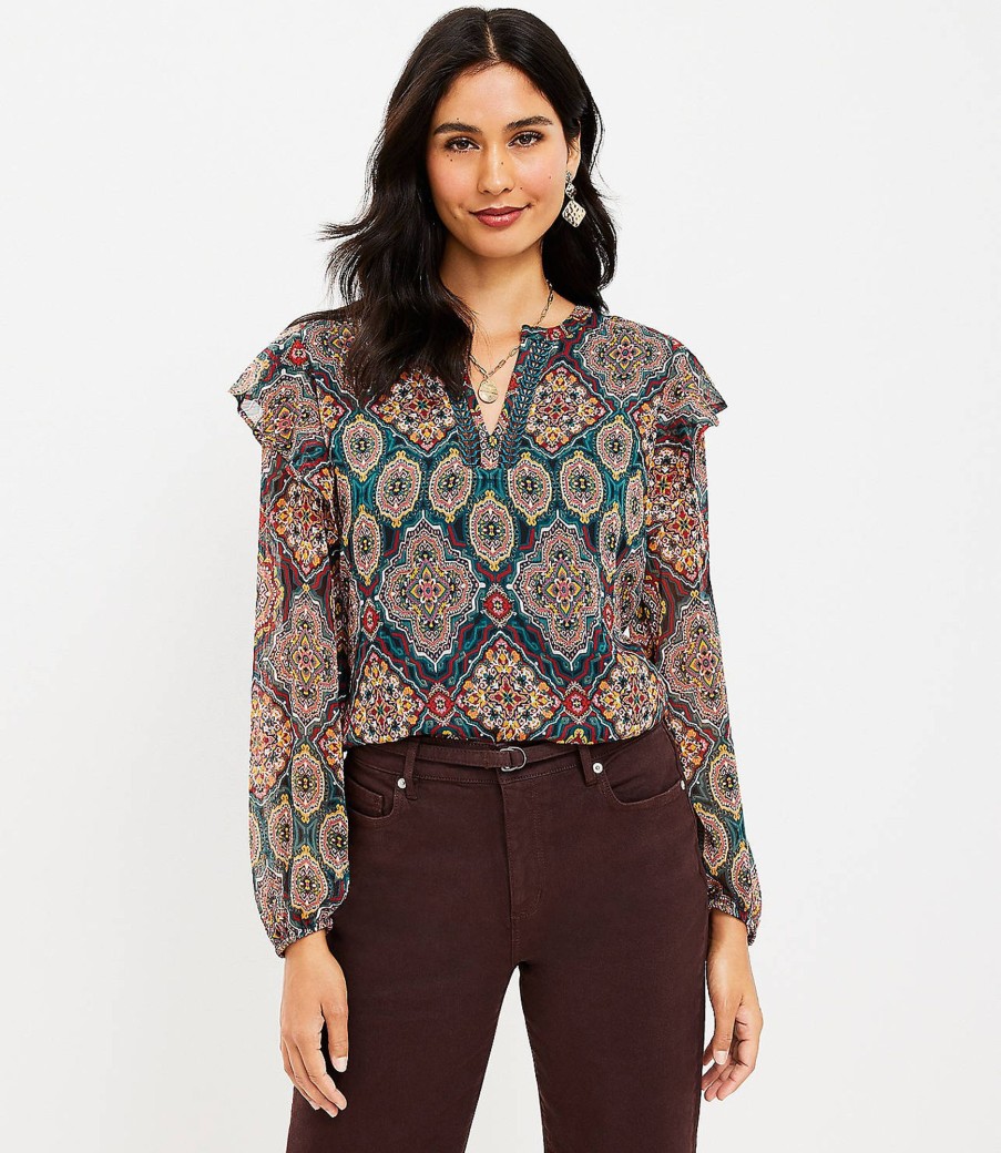 Clothing Loft | Tapestry Ruffle Split Neck Blouse Teal Shadow