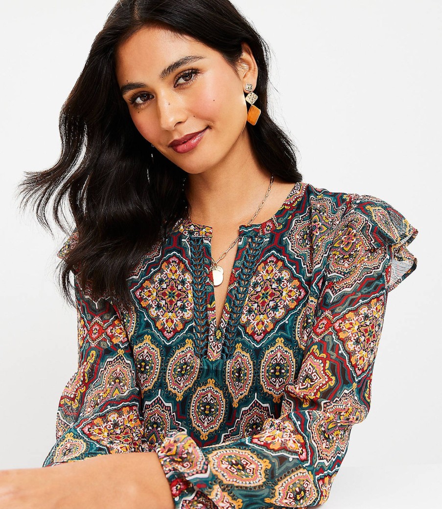 Clothing Loft | Tapestry Ruffle Split Neck Blouse Teal Shadow