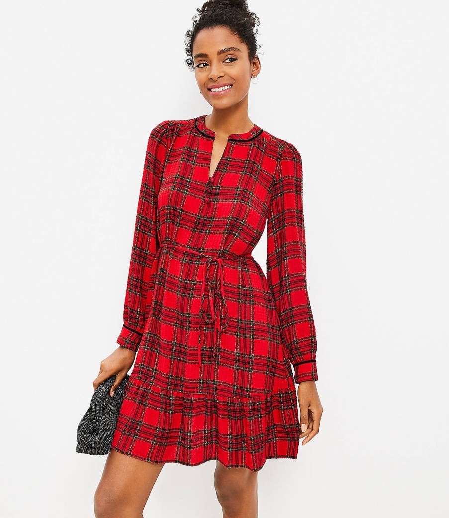 Clothing Loft | Shimmer Plaid Flounce Swing Dress Tango Red