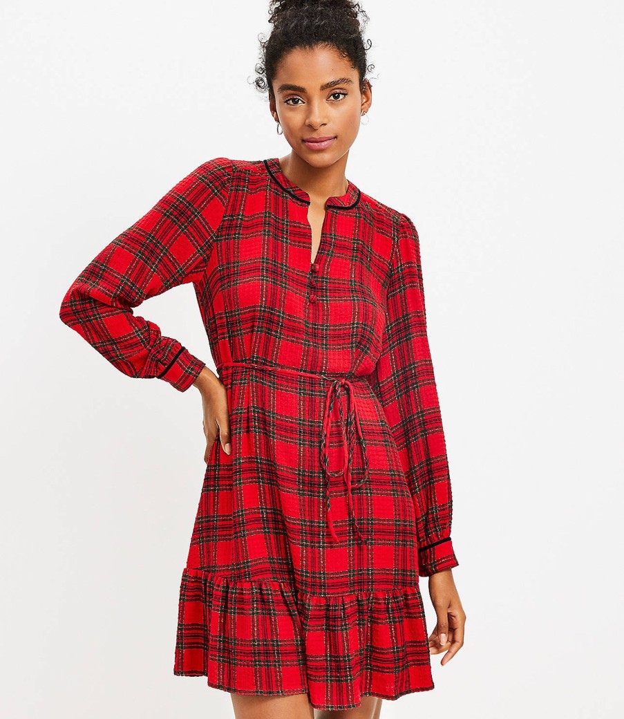 Clothing Loft | Shimmer Plaid Flounce Swing Dress Tango Red