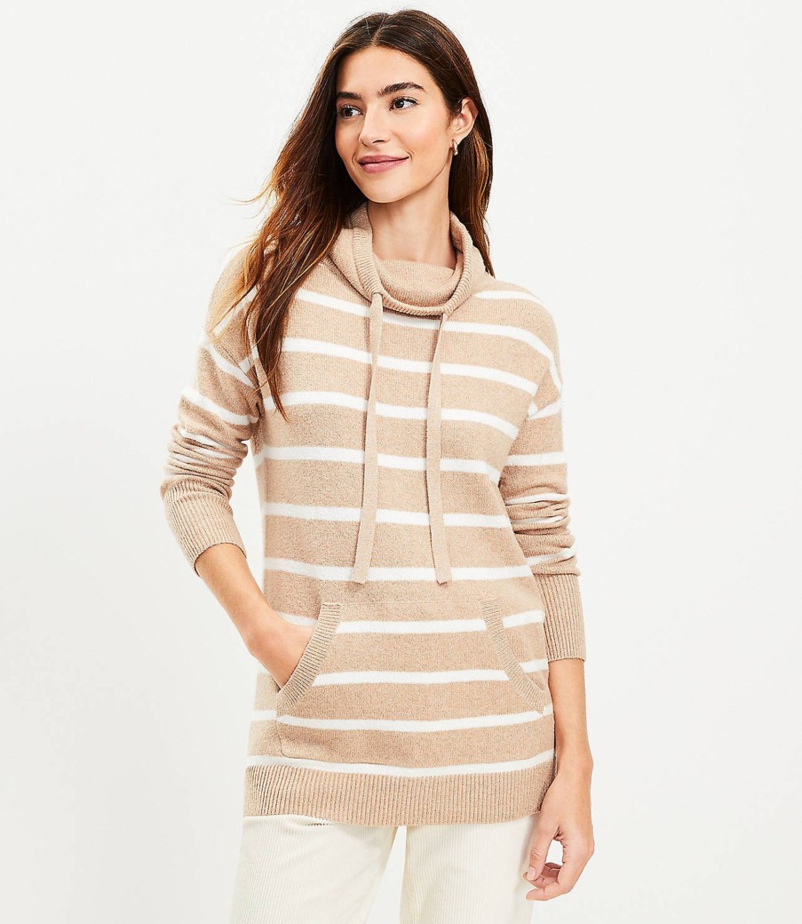 Clothing Loft | Striped Pocket Cowl Neck Tunic Sweater Camel Heather