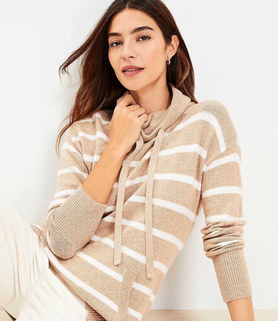 Clothing Loft | Striped Pocket Cowl Neck Tunic Sweater Camel Heather