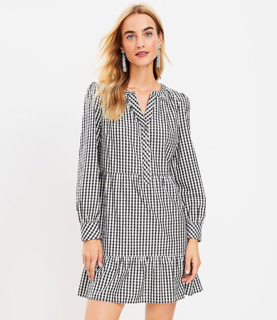 Clothing Loft | Gingham Flounce Swing Dress Black / Cream Multi