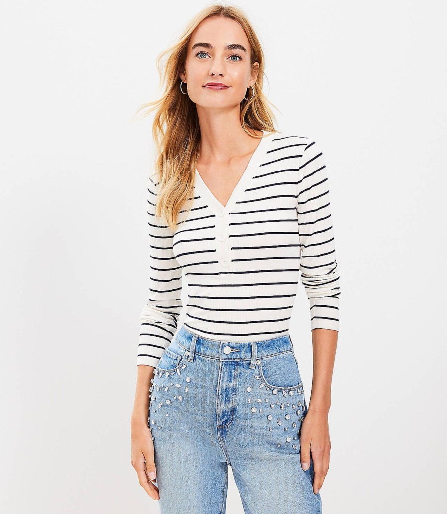 Clothing Loft | Stripe Ribbed V-Neck Henley Top Whisper White