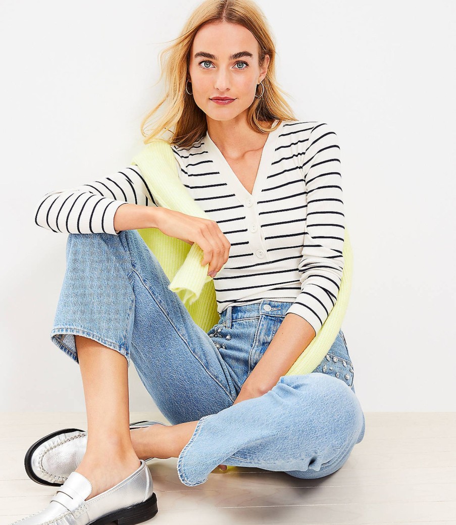 Clothing Loft | Stripe Ribbed V-Neck Henley Top Whisper White