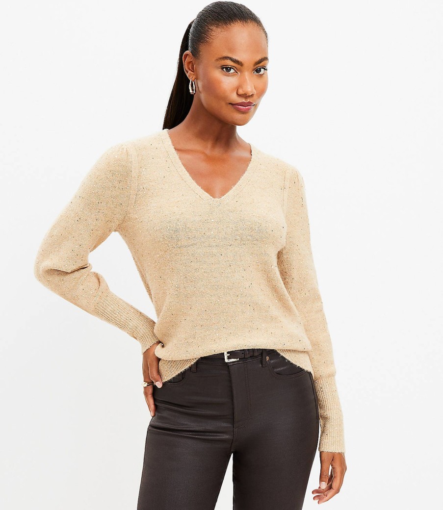 Clothing Loft | Sparkle Puff Sleeve V-Neck Sweater Camel Heather