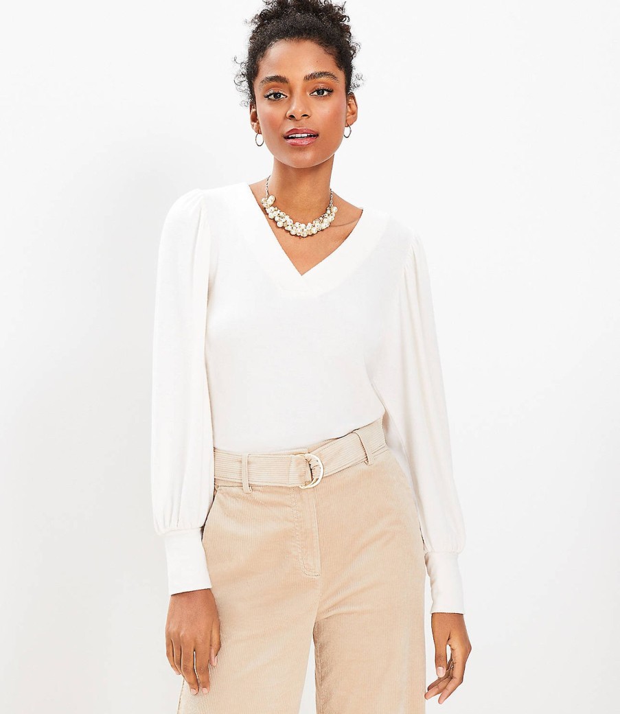 Clothing Loft | Textured Cozy Puff Sleeve V-Neck Top Whisper White