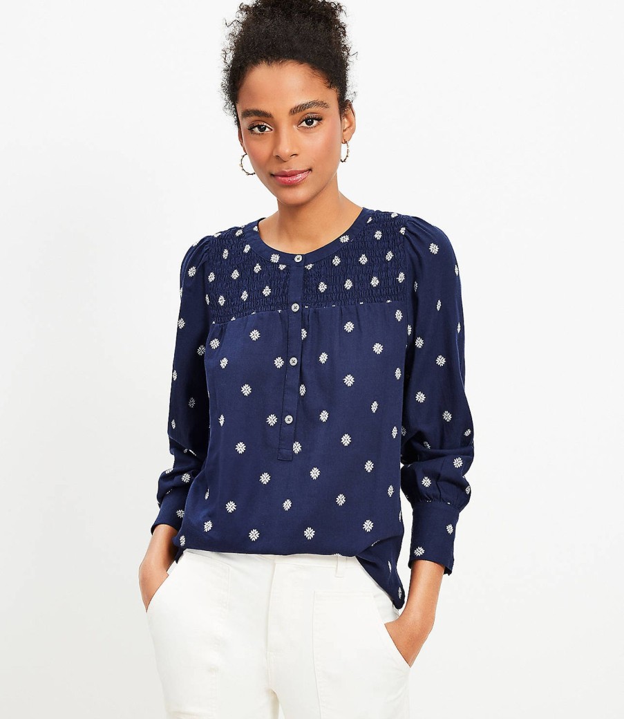 Clothing Loft | Snowflake Clip Smocked Yoke Blouse Deep Space Blue