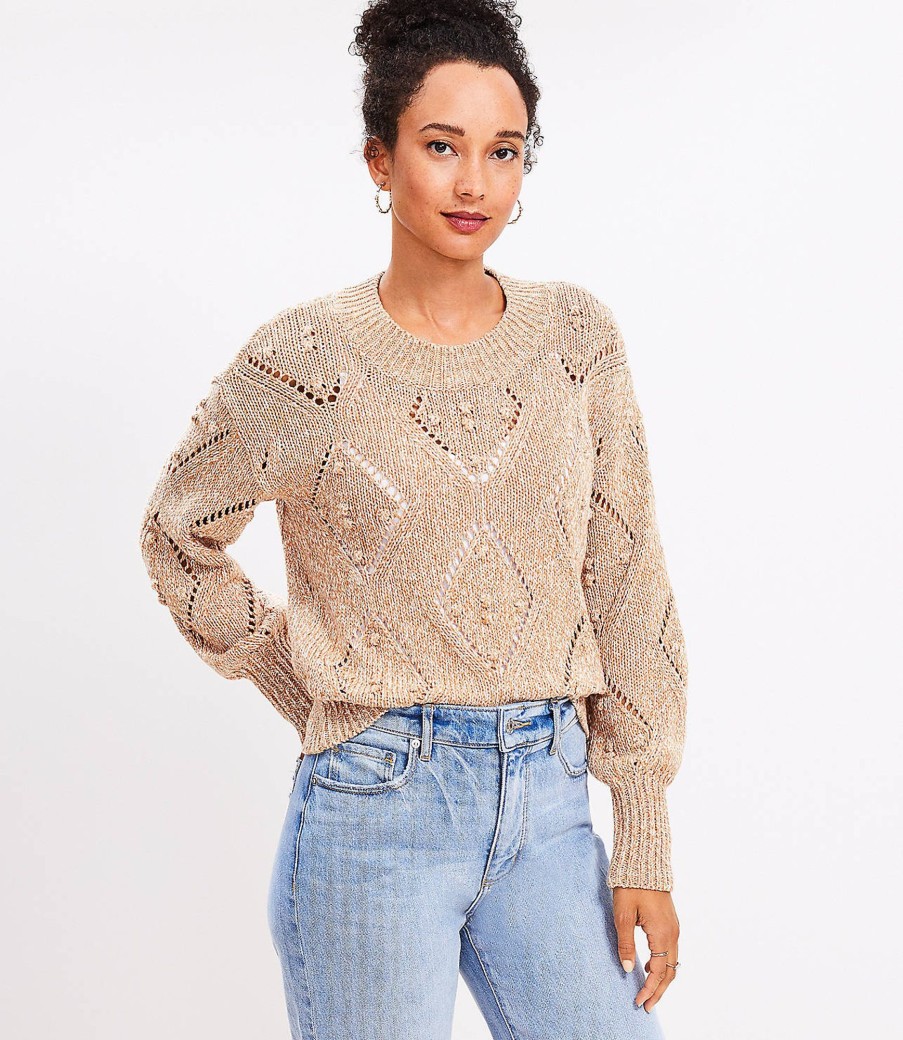 Clothing Loft | Marled Geo Pointelle Bobble Sweater Camel Combo