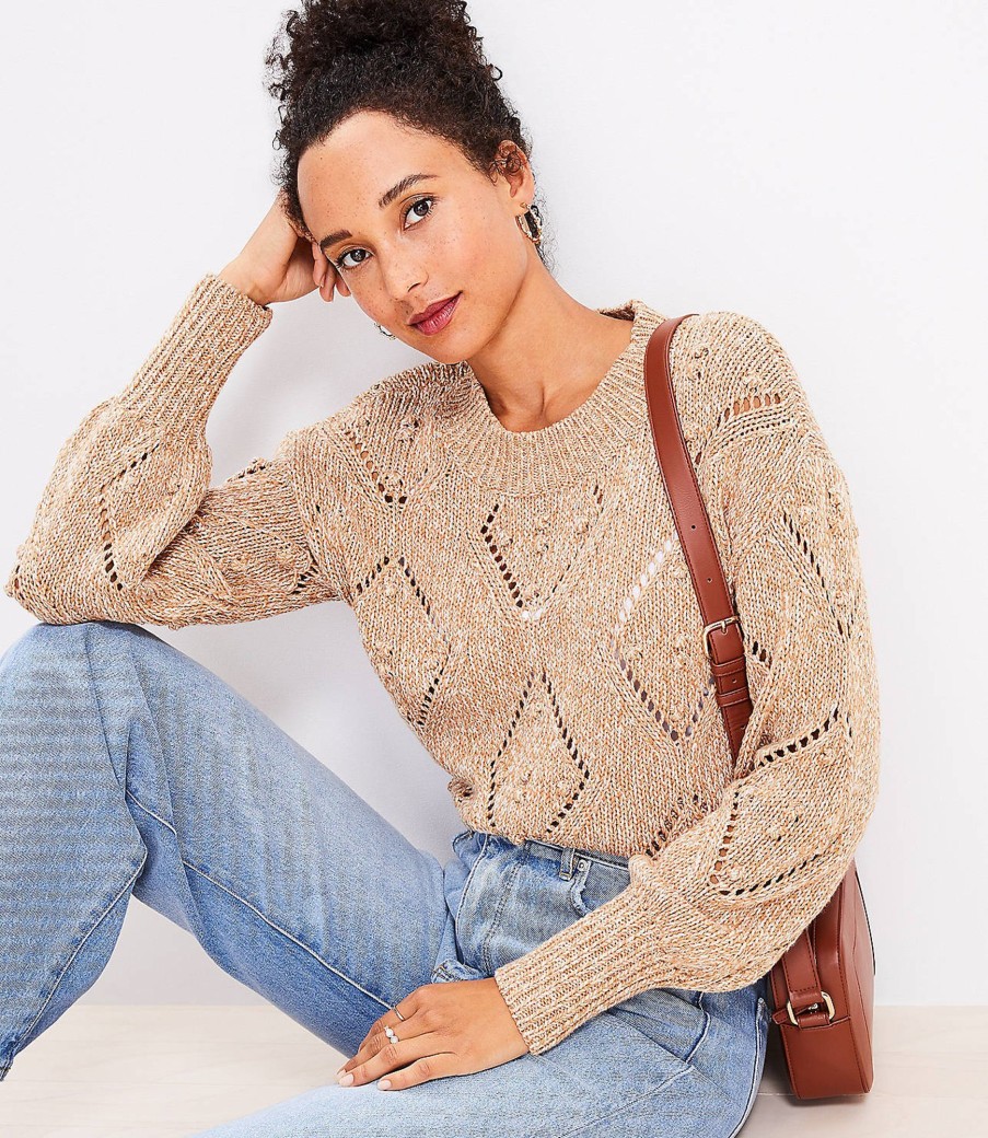 Clothing Loft | Marled Geo Pointelle Bobble Sweater Camel Combo