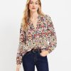 Clothing Loft | Border Floral Cutout Ruffle Neck Blouse Whisper White