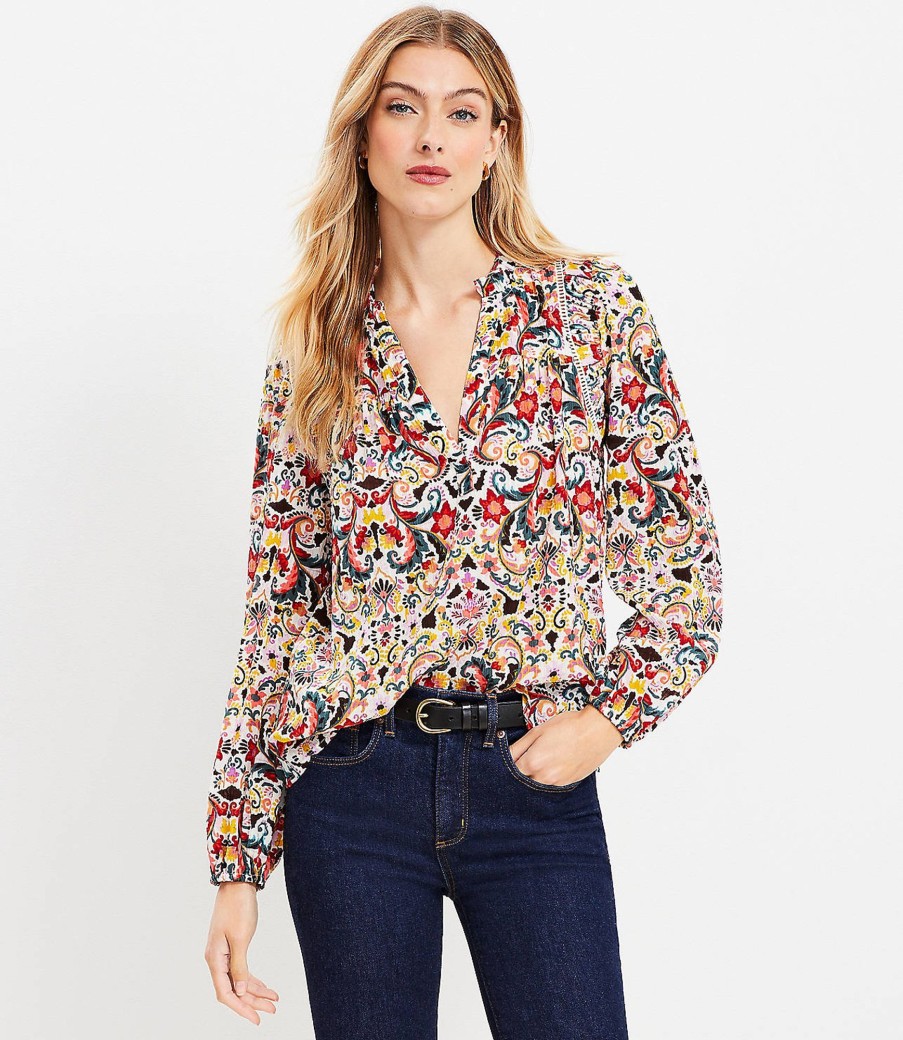 Clothing Loft | Border Floral Cutout Ruffle Neck Blouse Whisper White