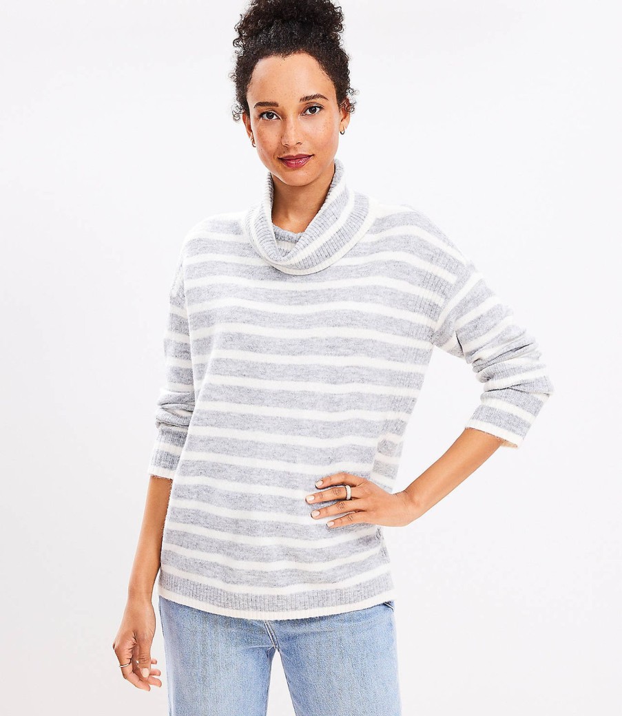 Clothing Loft | Striped Ribtrim Turtleneck Tunic Sweater Whisper White