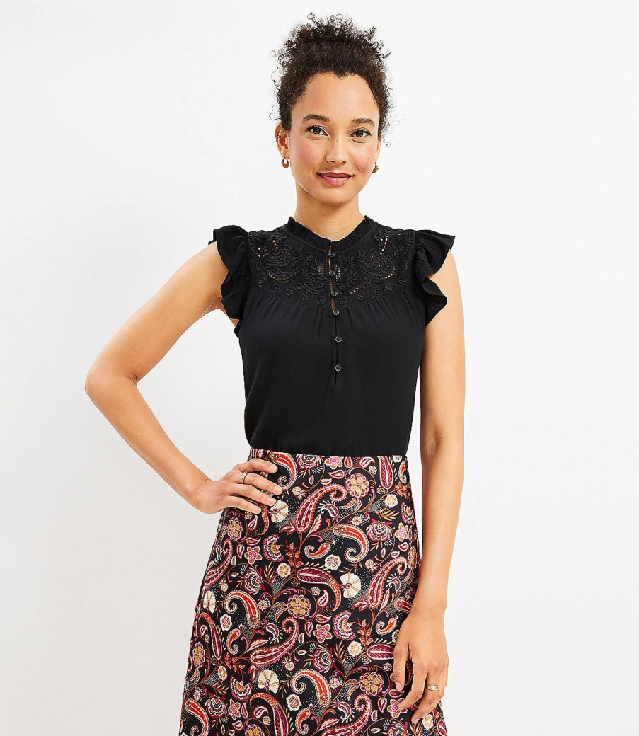 Clothing Loft | Embroidered Yoke Flutter Top Black