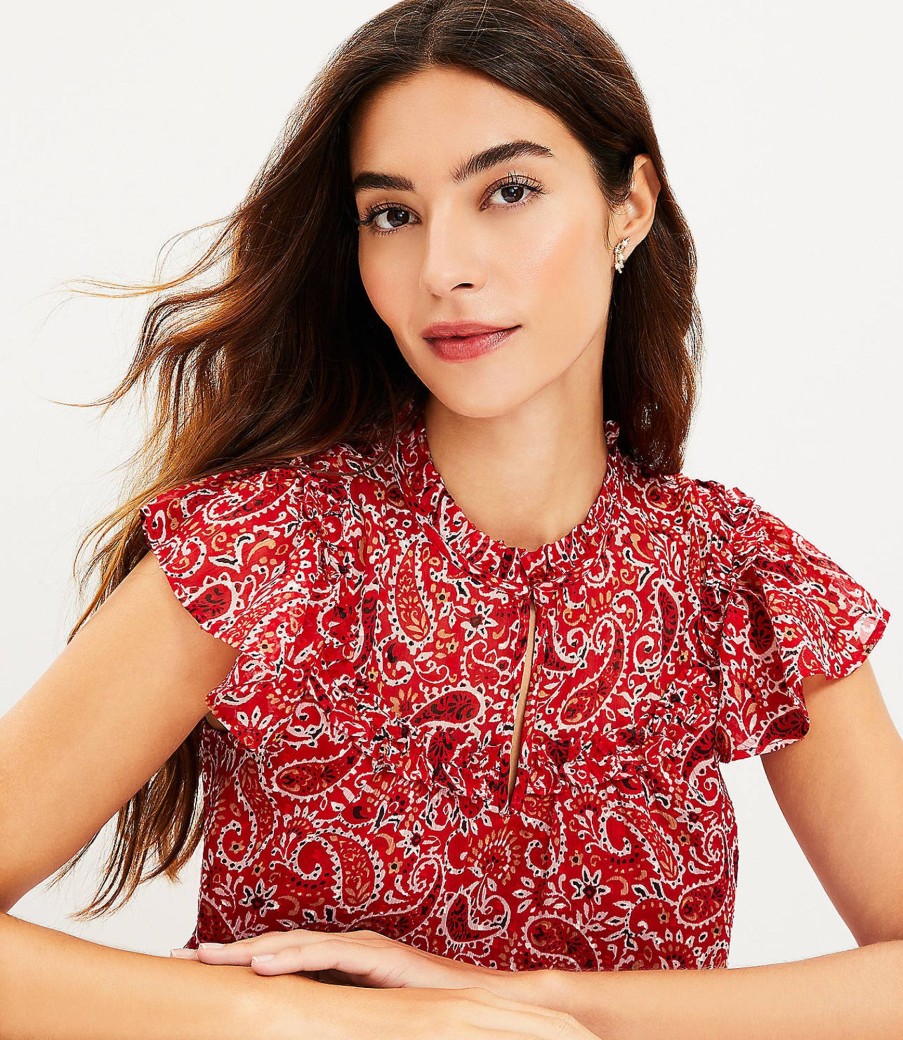 Clothing Loft | Paisley Ruffle Flutter Sleeve Top Tango Red