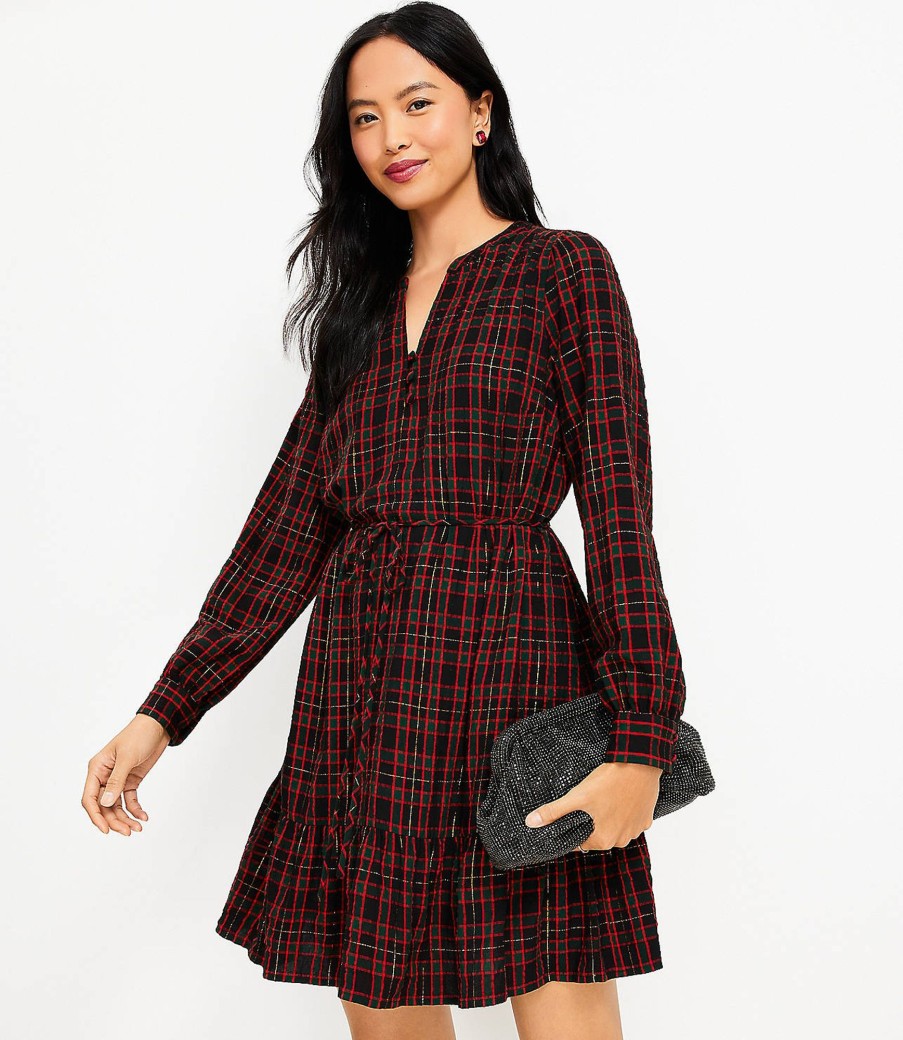 Clothing Loft | Shimmer Plaid Flounce Swing Dress Black