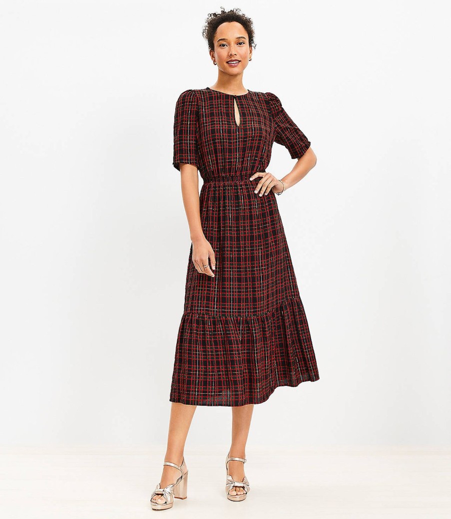 Clothing Loft | Shimmer Plaid Pleated Sleeve Flounce Midi Dress Black