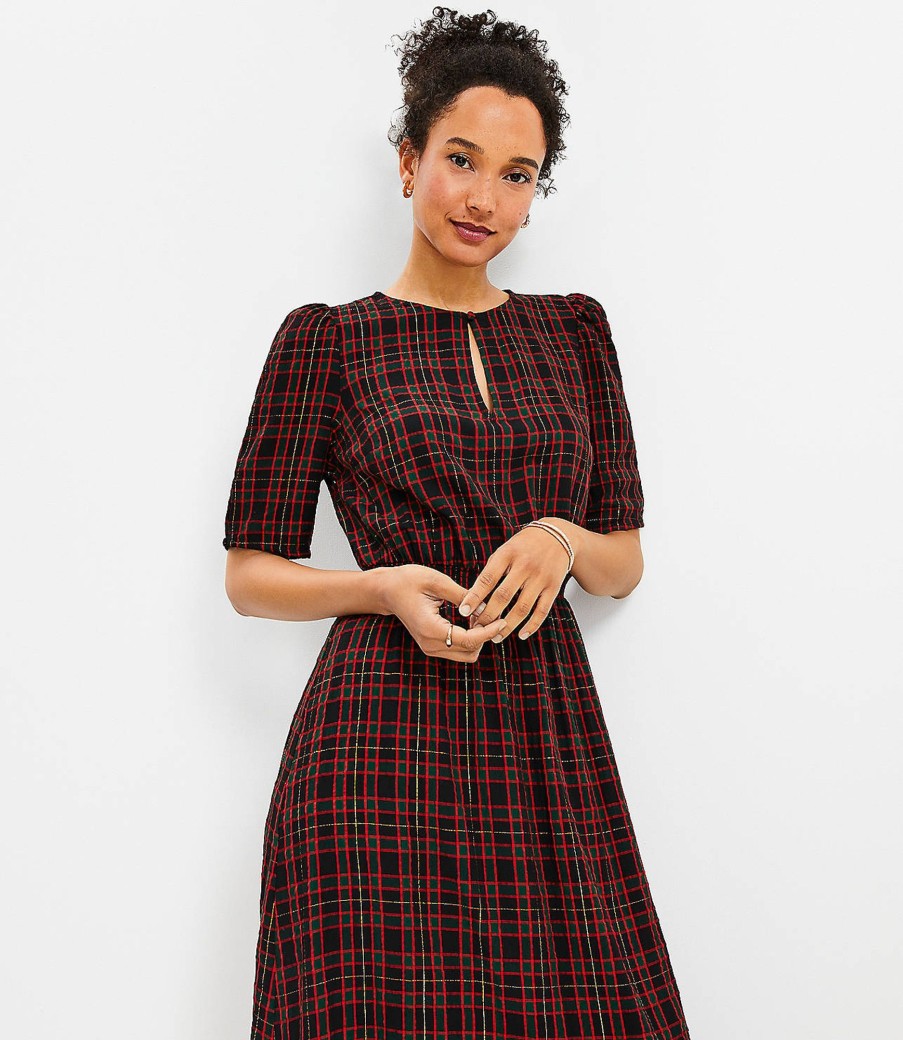 Clothing Loft | Shimmer Plaid Pleated Sleeve Flounce Midi Dress Black