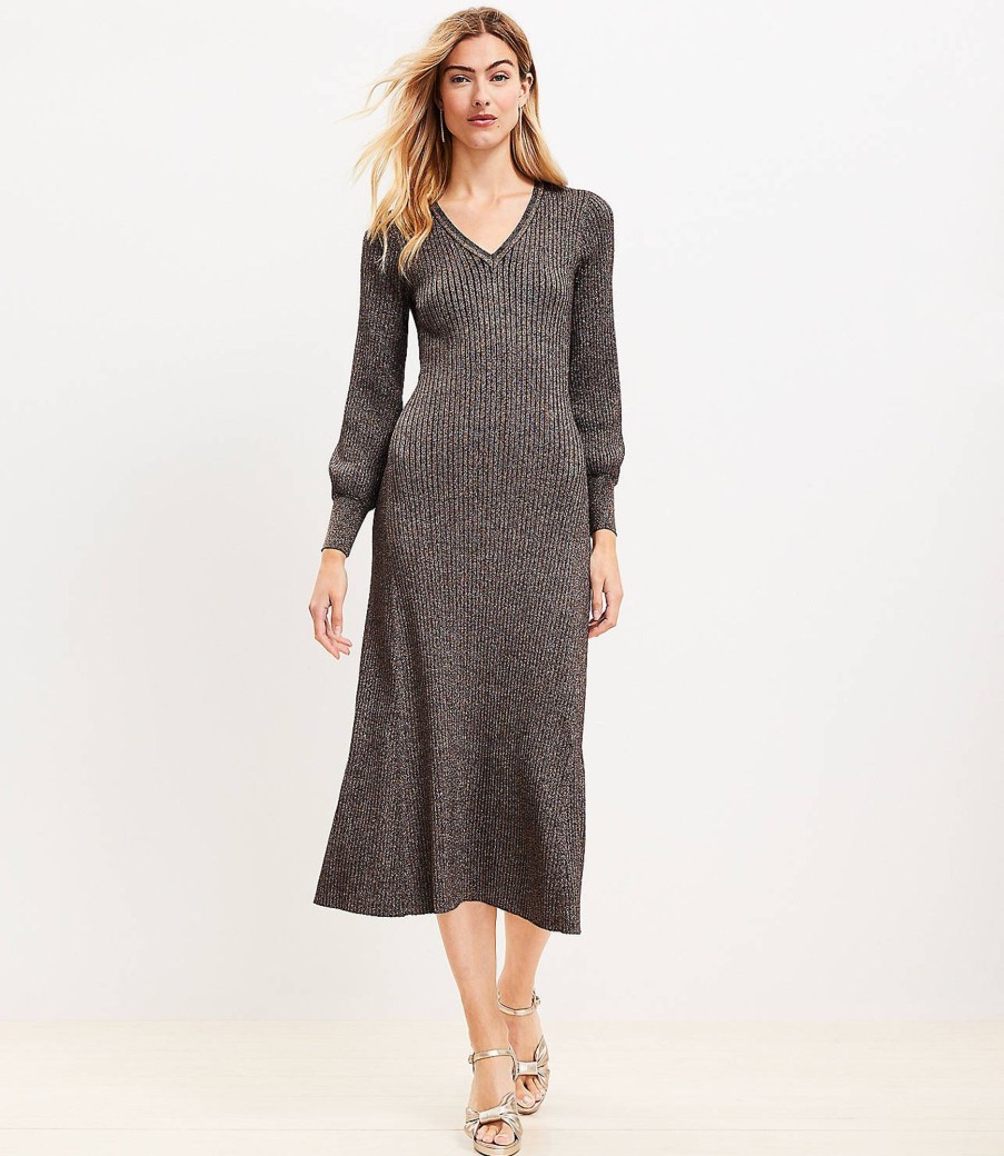 Clothing Loft | Shimmer Ribbed Button Cuff Midi Sweater Dress Black