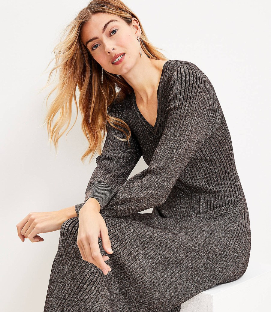 Clothing Loft | Shimmer Ribbed Button Cuff Midi Sweater Dress Black