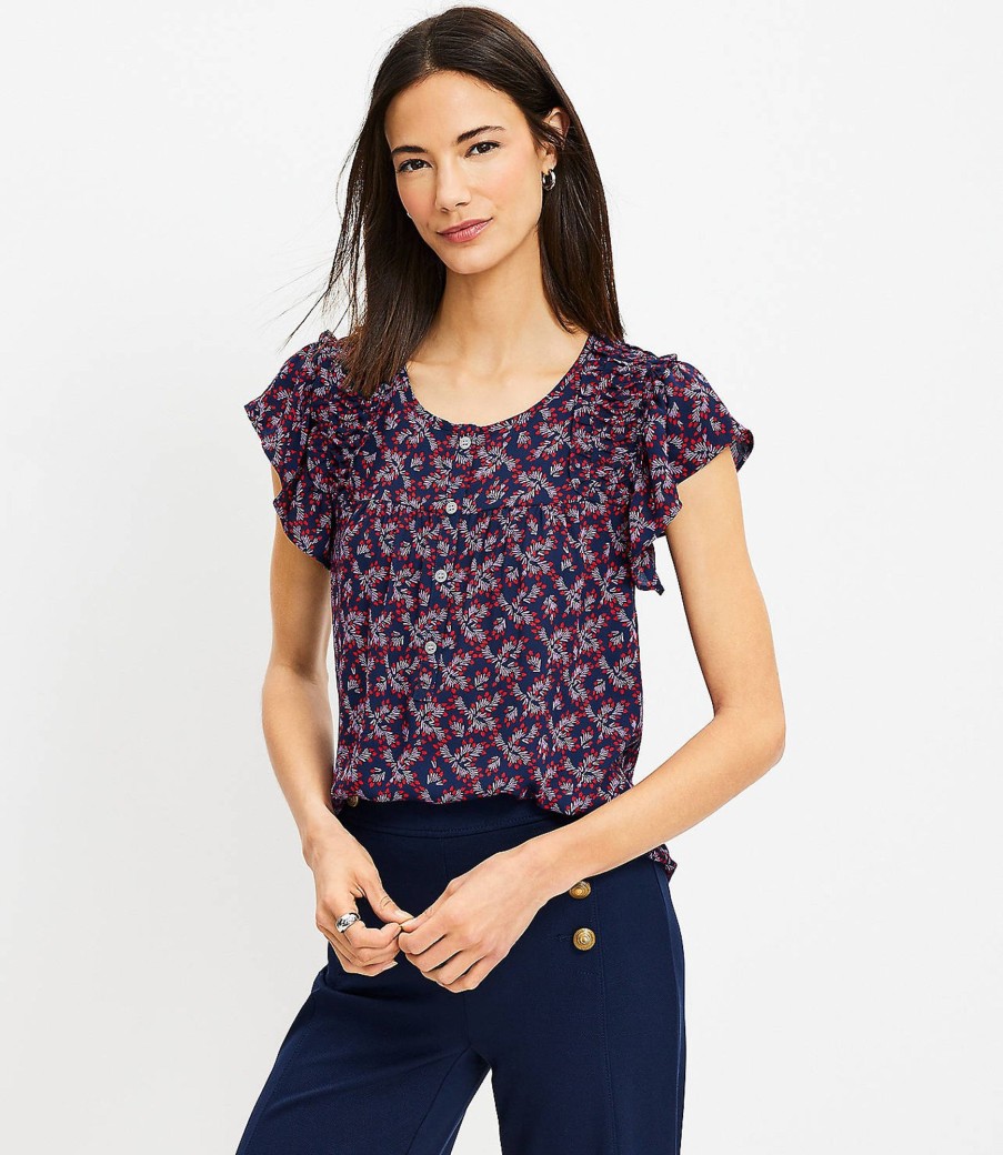 Clothing Loft | Heart Bouquet Flutter Sleeve Henley Mixed Media Shell 3260