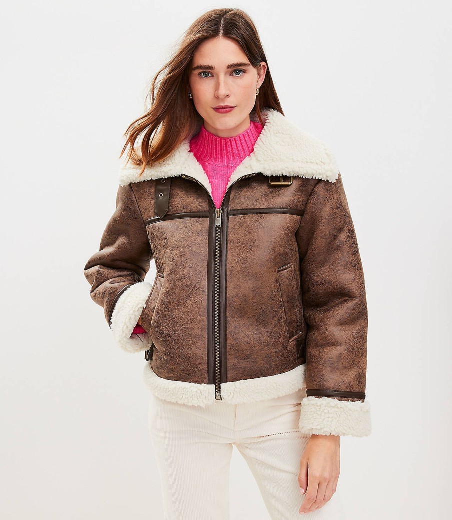 Clothing Loft | Crackle Faux Suede Sherpa Aviator Jacket Brown Multi