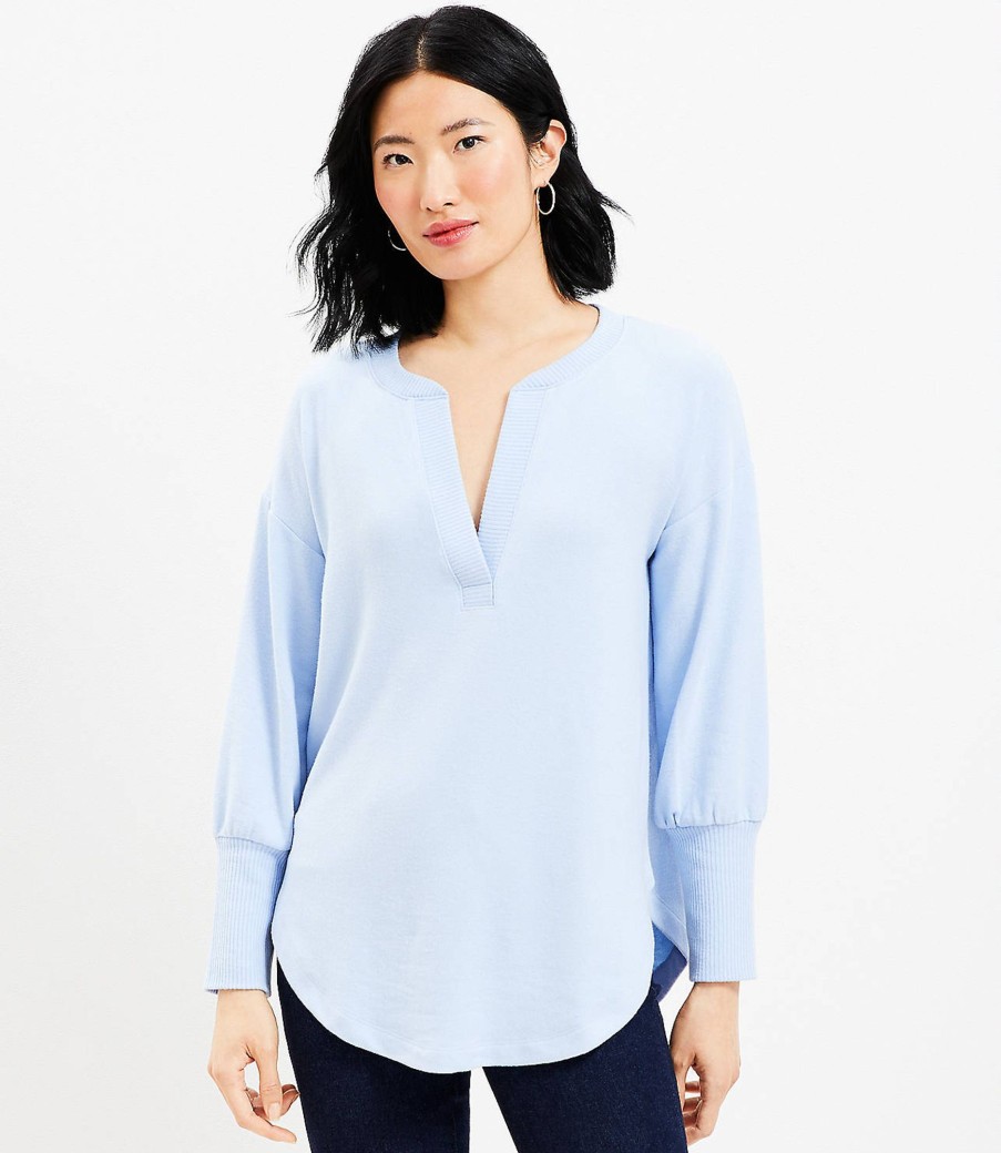 Clothing Loft | Rib Trim Cozy Split Neck Tunic Top Silky Blue