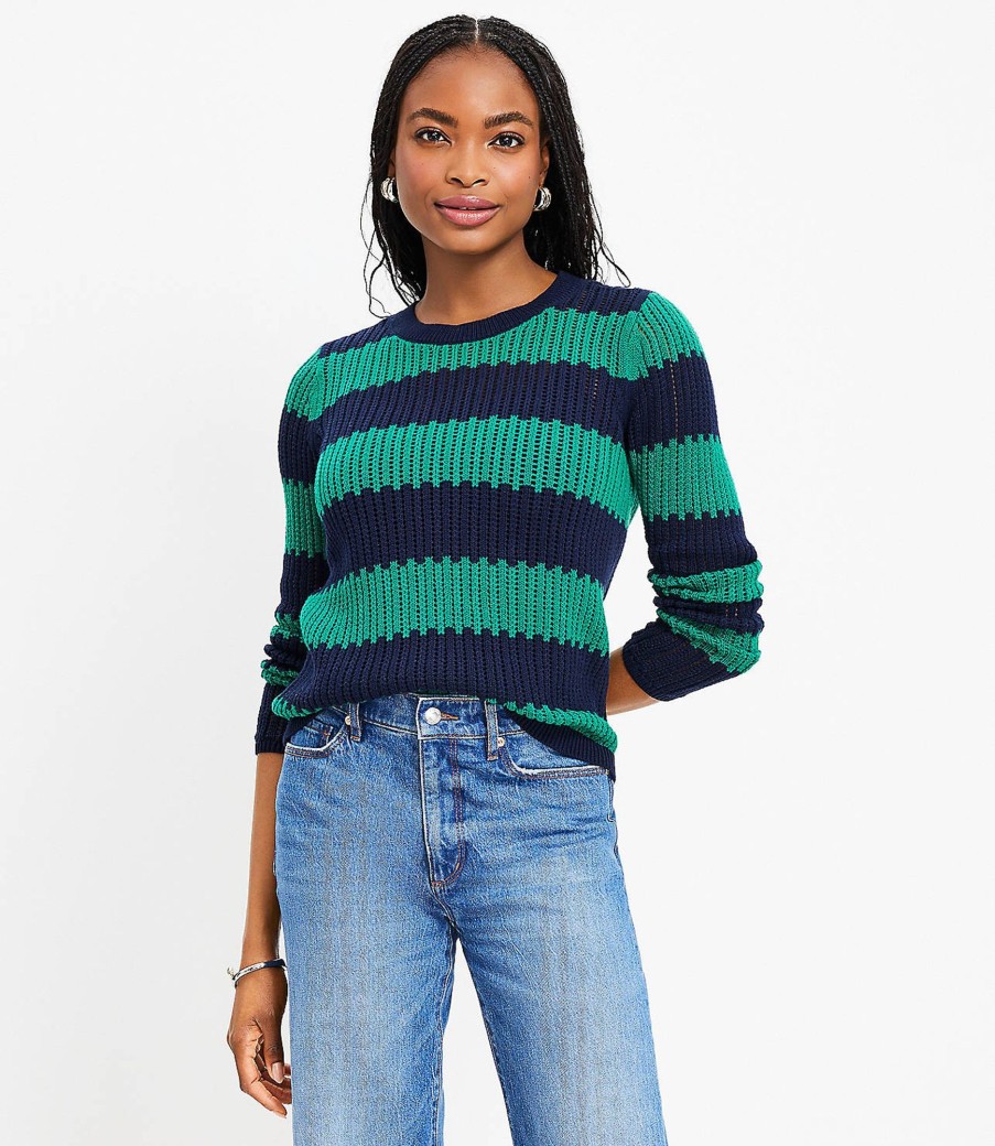 Clothing Loft | Textured Stripe Open Stitch Sweater Forest Emerald