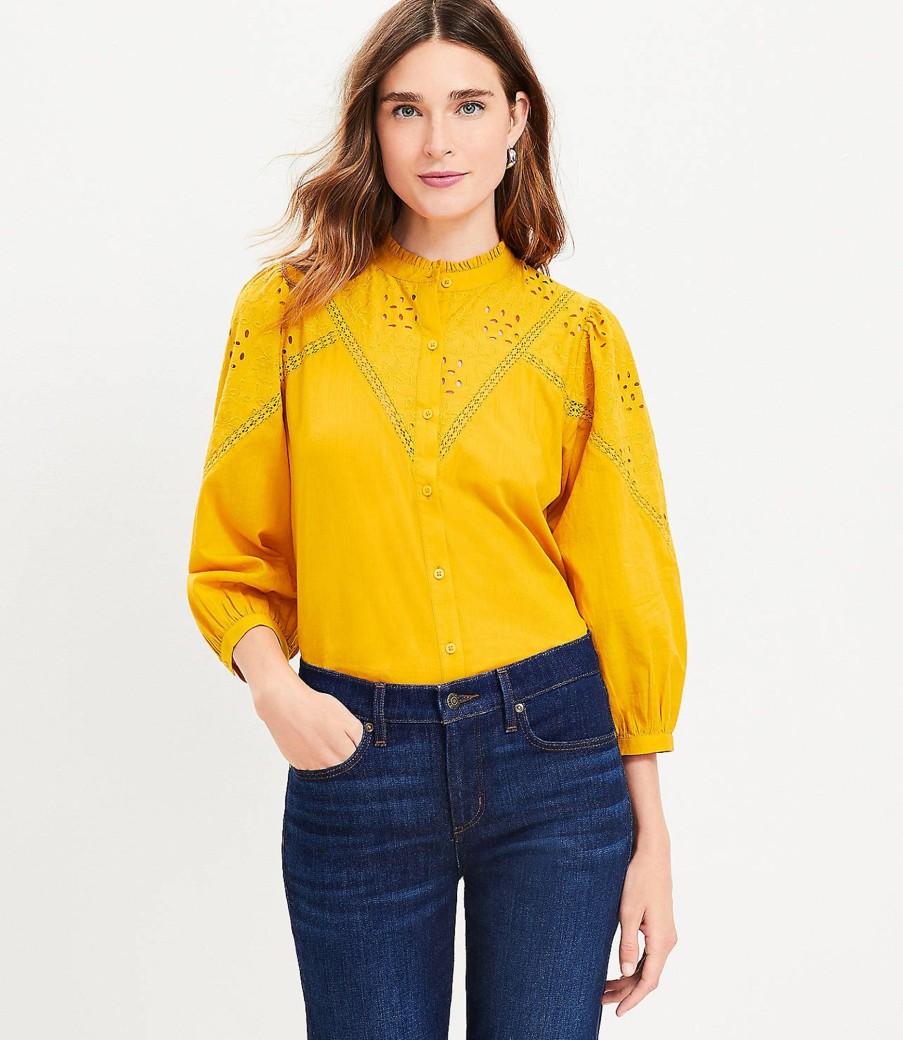 Clothing Loft | Eyelet Ruffle Neck Blouse Gold Nugget