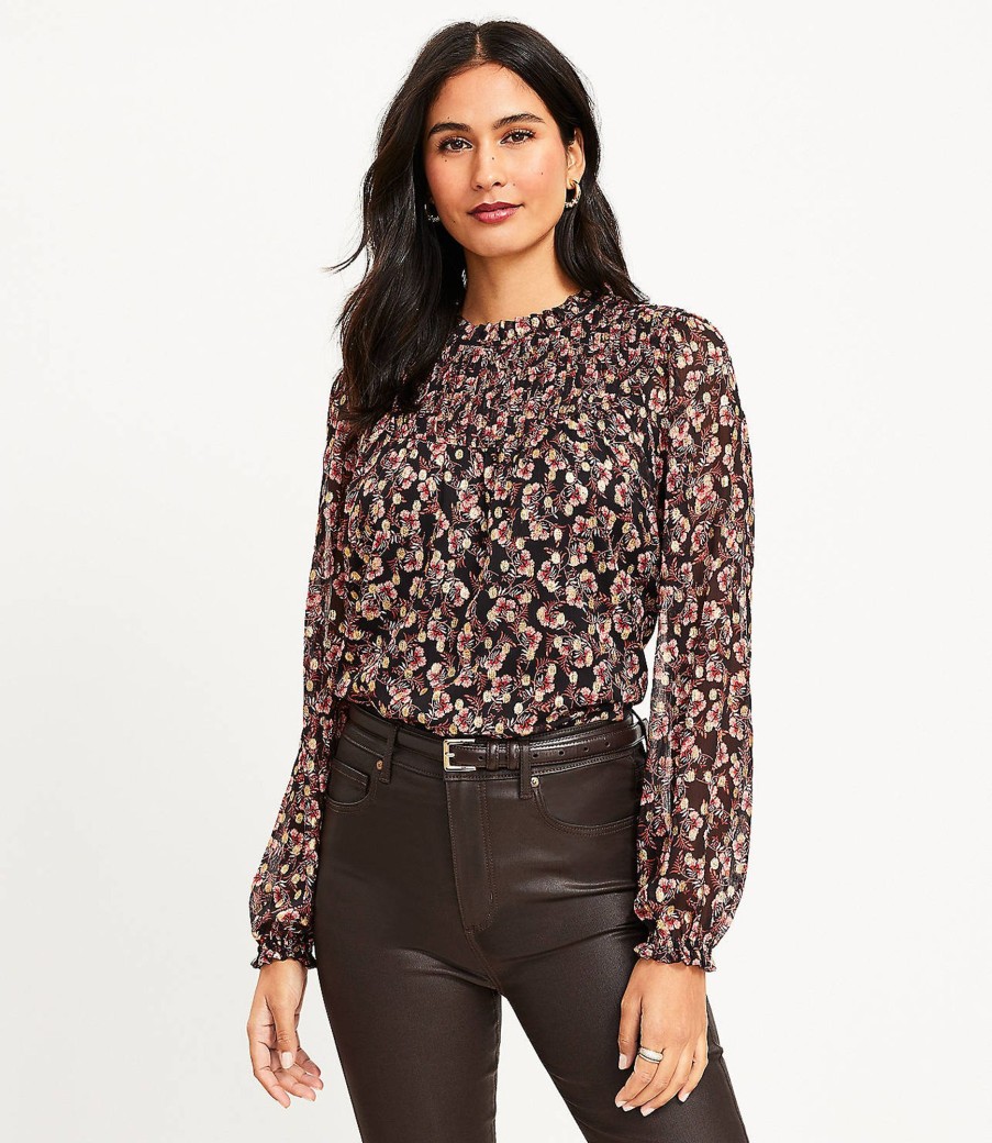 Clothing Loft | Shimmer Vine Pleated Yoke Blouse Black