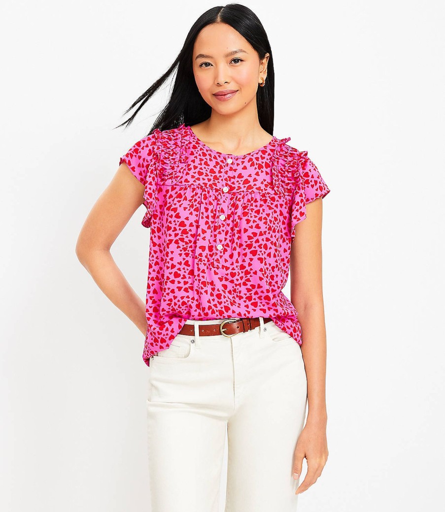 Clothing Loft | Heart Flutter Sleeve Henley Mixed Media Shell Rose Magenta